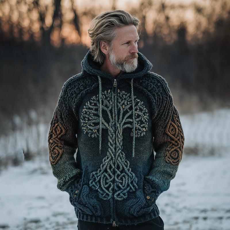 Men's Vintage Viking Tree Of Life Celtic Knot Art Chunky Knit Hooded Zip-up Sweater artswardrobe