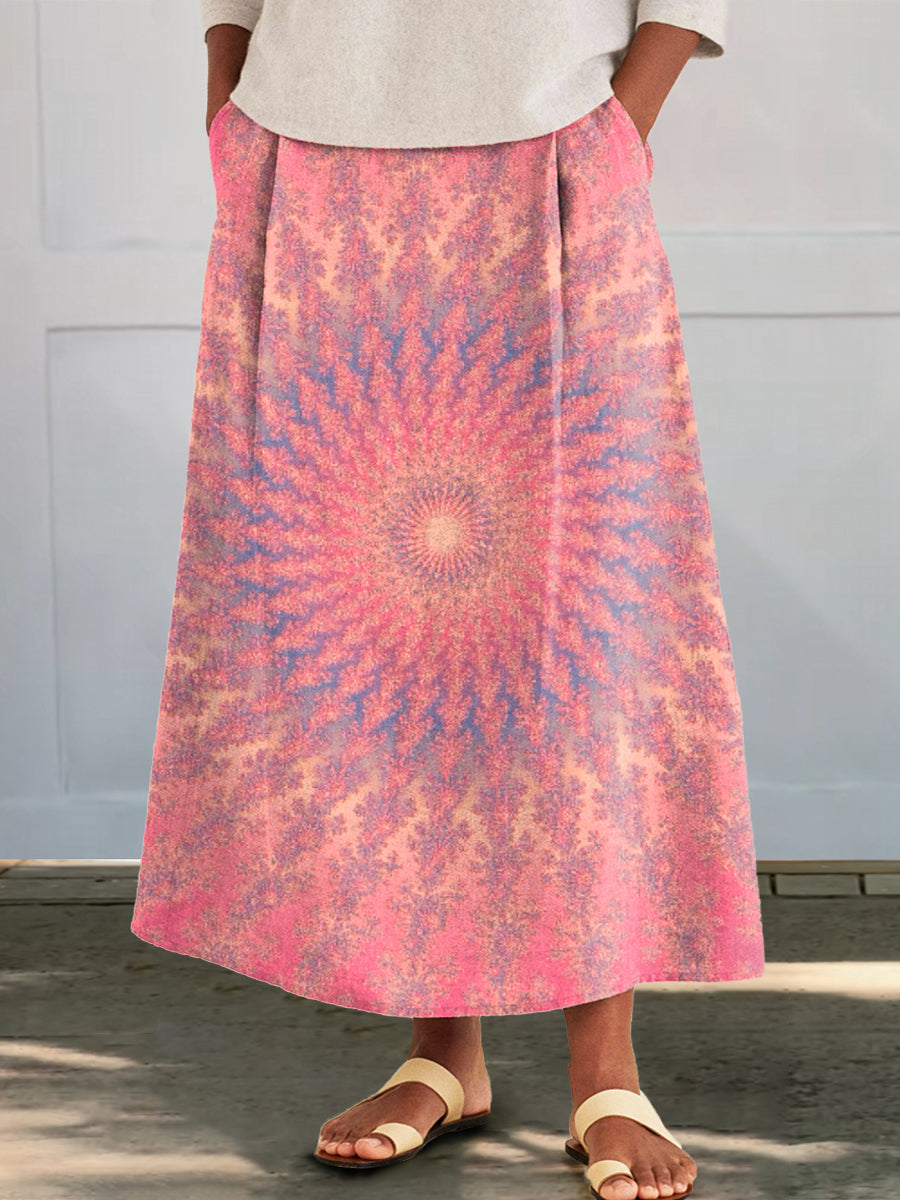 Women's Kaleidoscope Print Cotton and Linen Pocket Skirt