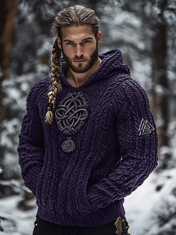 Men's Viking Tribal Jacquard Celtic Inspired Chunky Knit Hooded Sweater artswardrobe