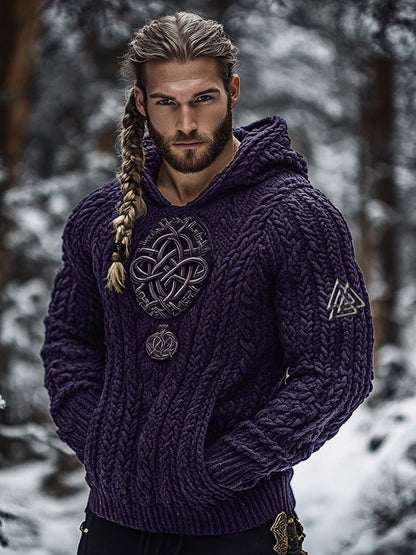 Men's Viking Tribal Jacquard Celtic Inspired Chunky Knit Hooded Sweater artswardrobe