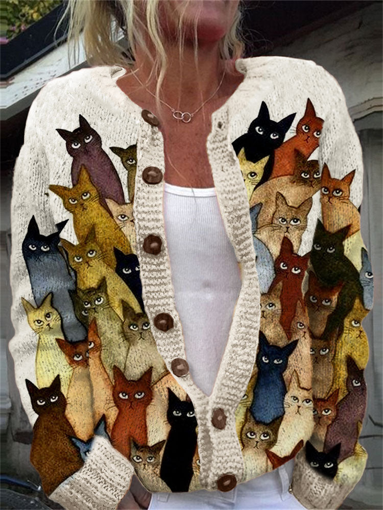 Comstylish Colorful Cats Pattern Cozy Hooded Cardigan Sweater