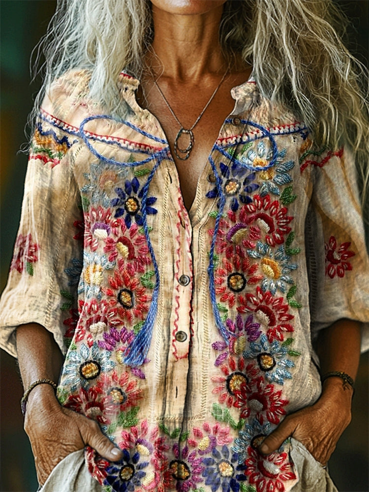 Women's Vintage Floral Pattern Art Print Casual Cotton Linen Shirt