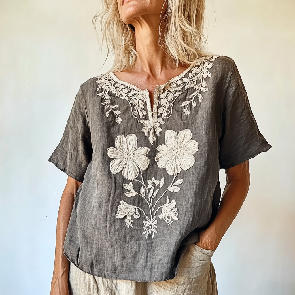 Women's Vintage Bohemian Floral Pattern Cotton And Linen Comfort Shirt artswardrobe