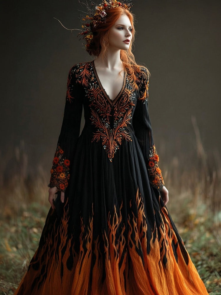 Comstylish Vintage Flame Inspired Embroidered Flowy Linen Maxi Dress