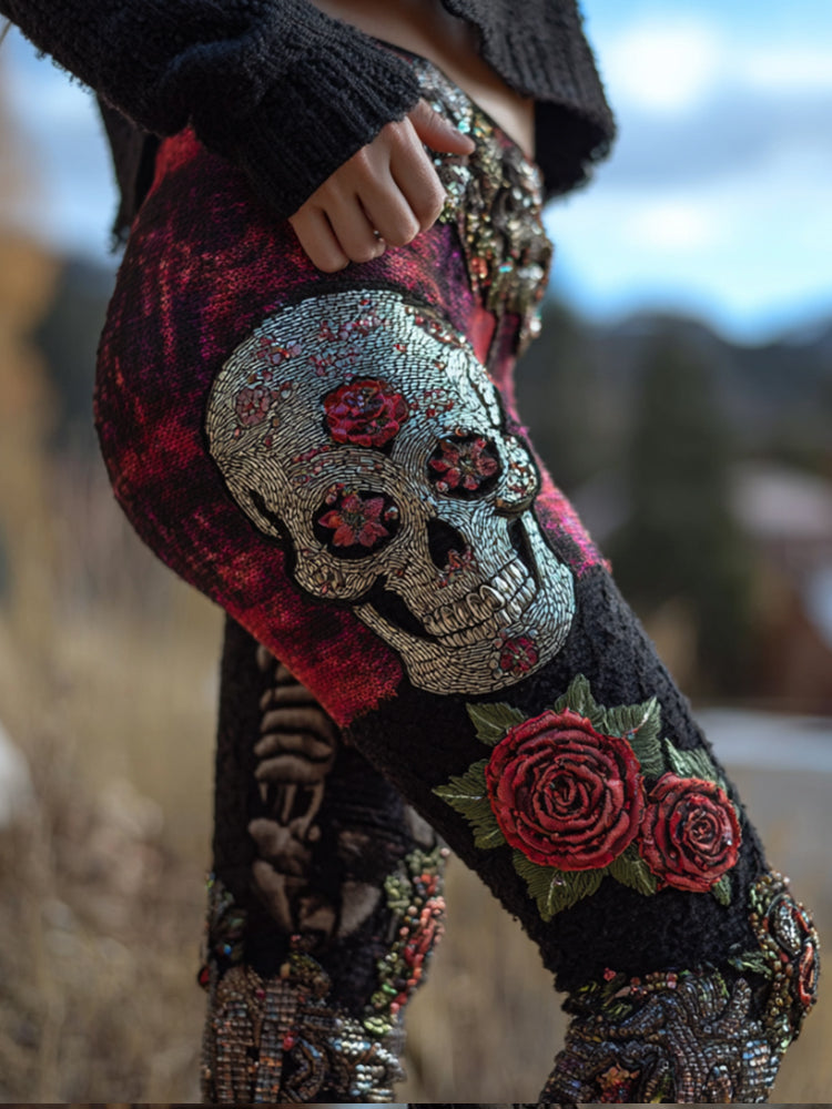 Comstylish Women's Halloween Skull Rose Art Knitted Leggings