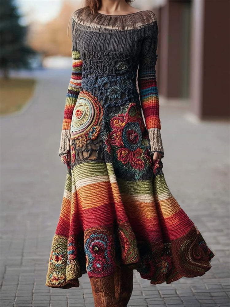 Comstylish Boho Floral Crochet Geometric Colorblock Maxi Sweater Dress