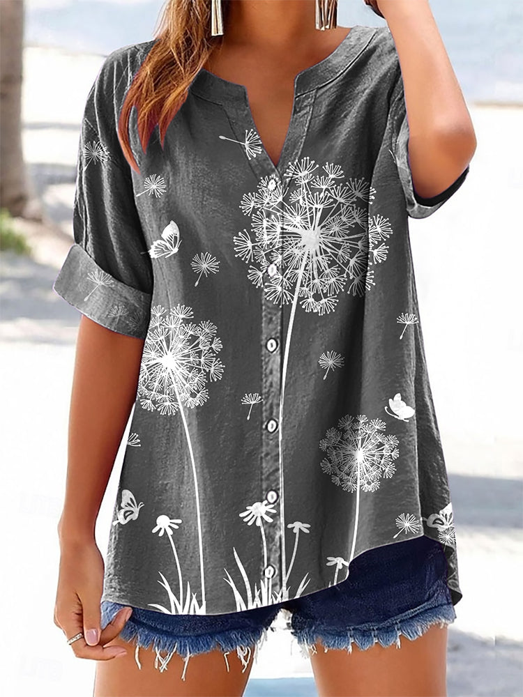 Women's Hippie Floral Art Print Casual Cotton And Linen Shirt