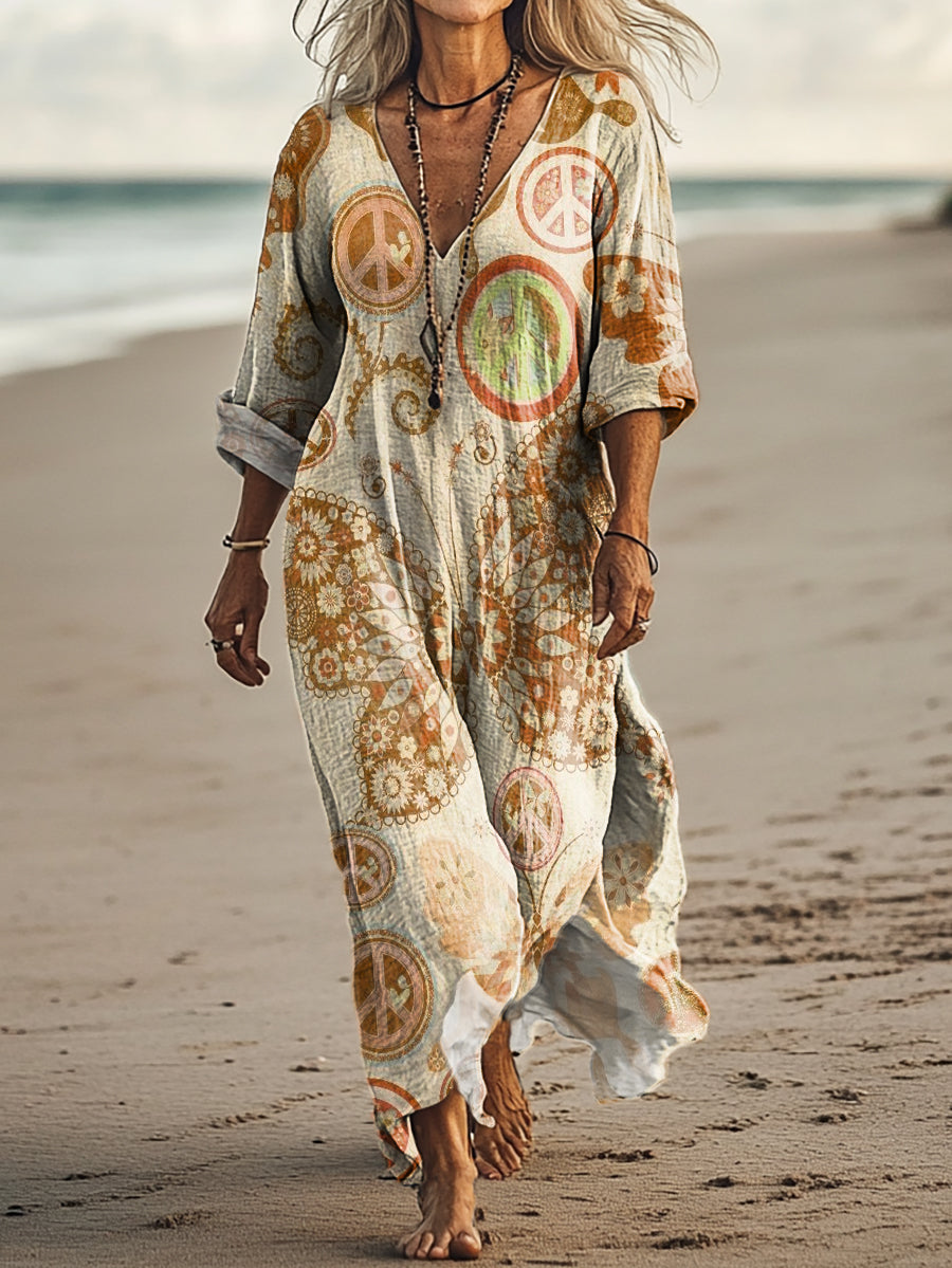 Women's Vintage Hippie Peace Butterfly Art Print Pocket Cotton Dress