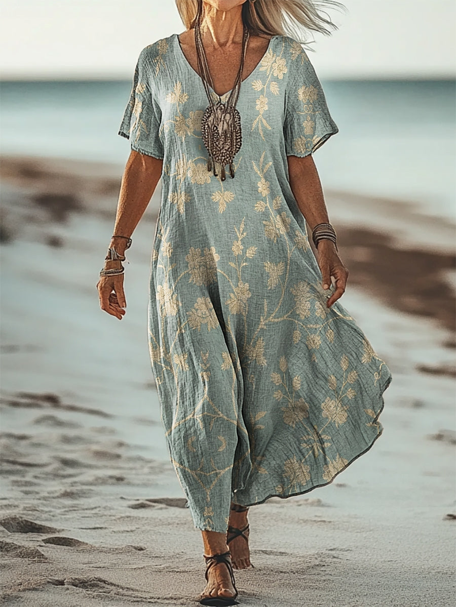 Women's Simple Flower Art Print V Neck Pocket Cotton Dress