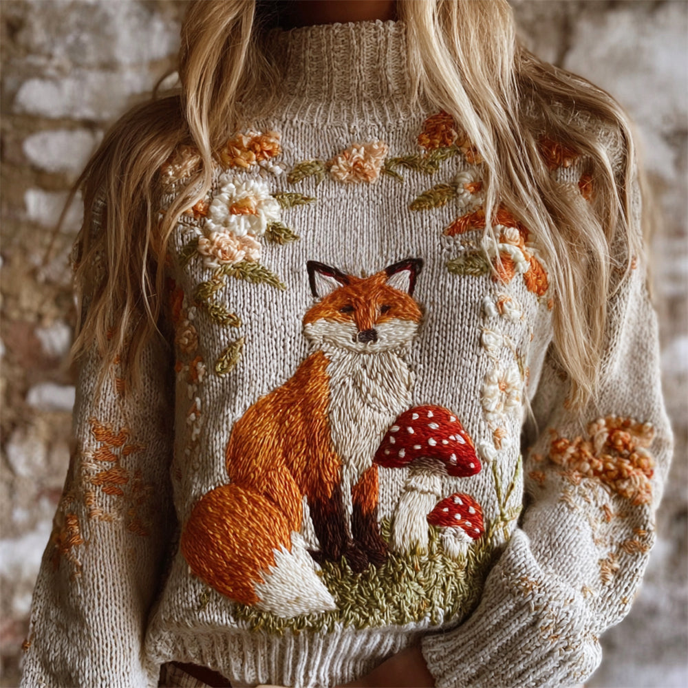 Vintage Fall Fox & Floral Embroidery Women's Knit Turtleneck Sweater artswardrobe