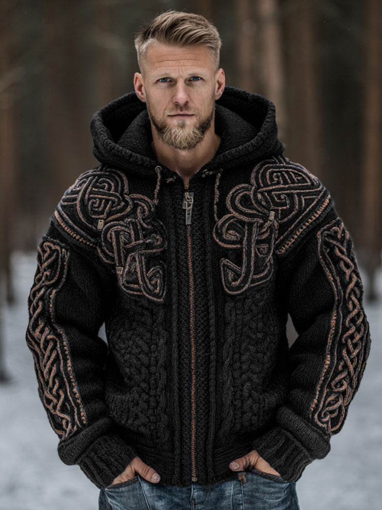Men's Vintage Viking Celtic Knot Art Chunky Knit Hooded Zip-up Sweater artswardrobe
