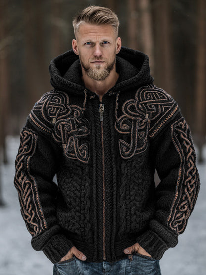 Men's Vintage Viking Celtic Knot Art Chunky Knit Hooded Zip-up Sweater artswardrobe