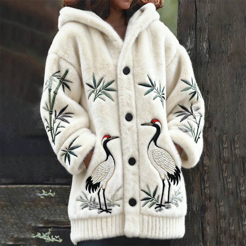Comstylish Japanese Bamboo & Crane Embroidery Design Women's Hooded Flannel Cardigan