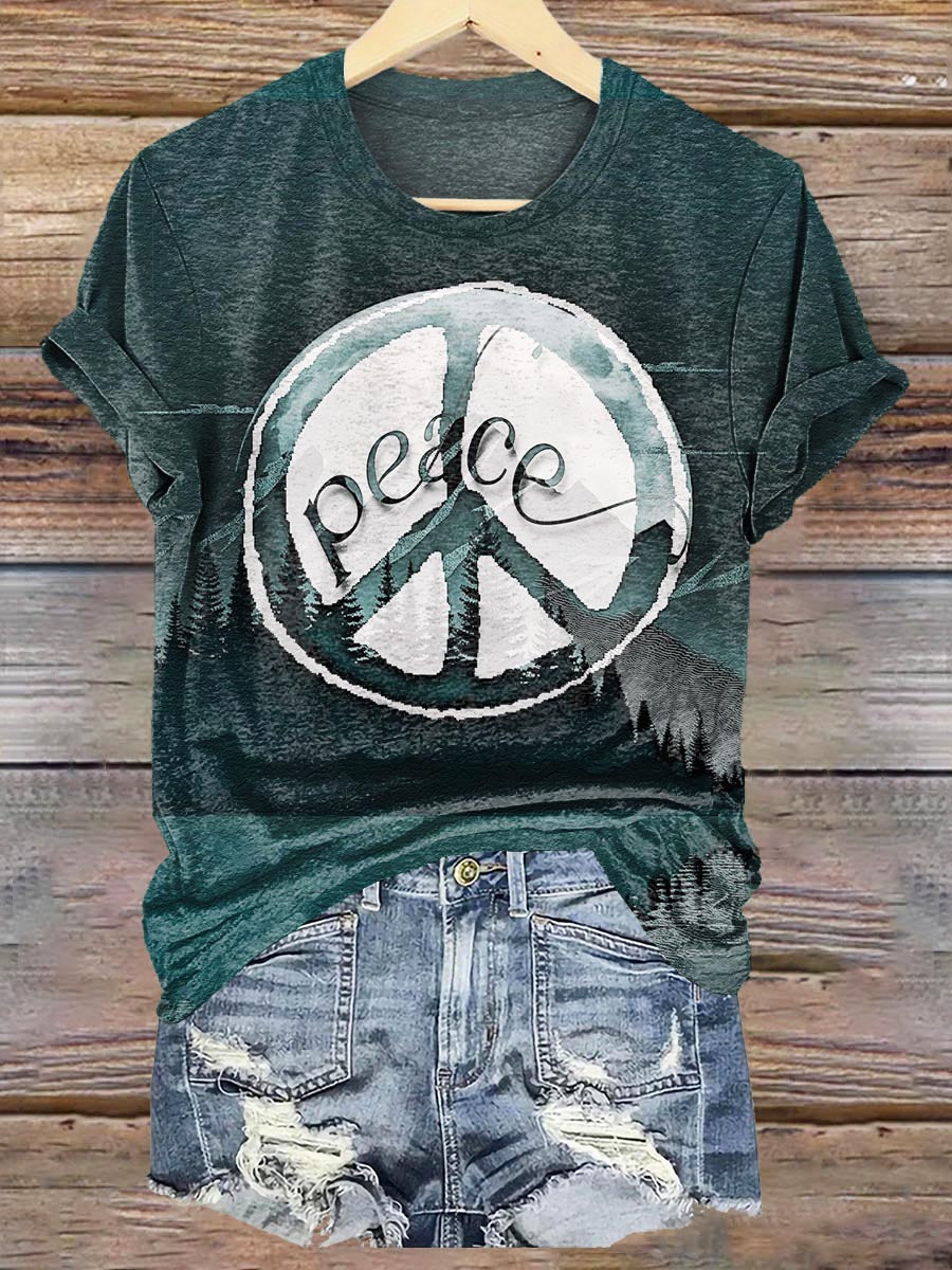 Women's Hippie Peace Sign Art Print Crew Neck T-shirt