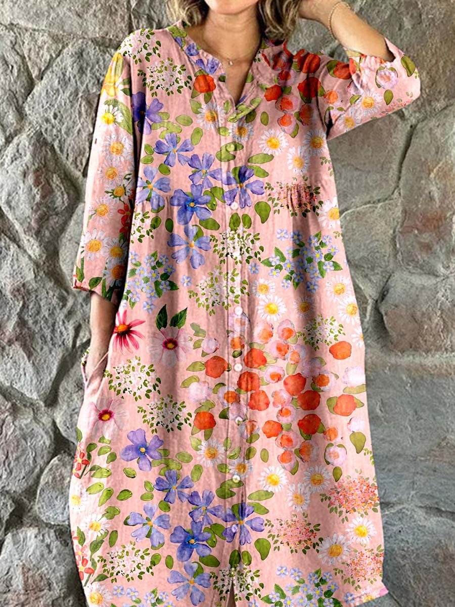Women's 70s Vintage Meadow Floral Art Print Elegant Simple Cotton Shir