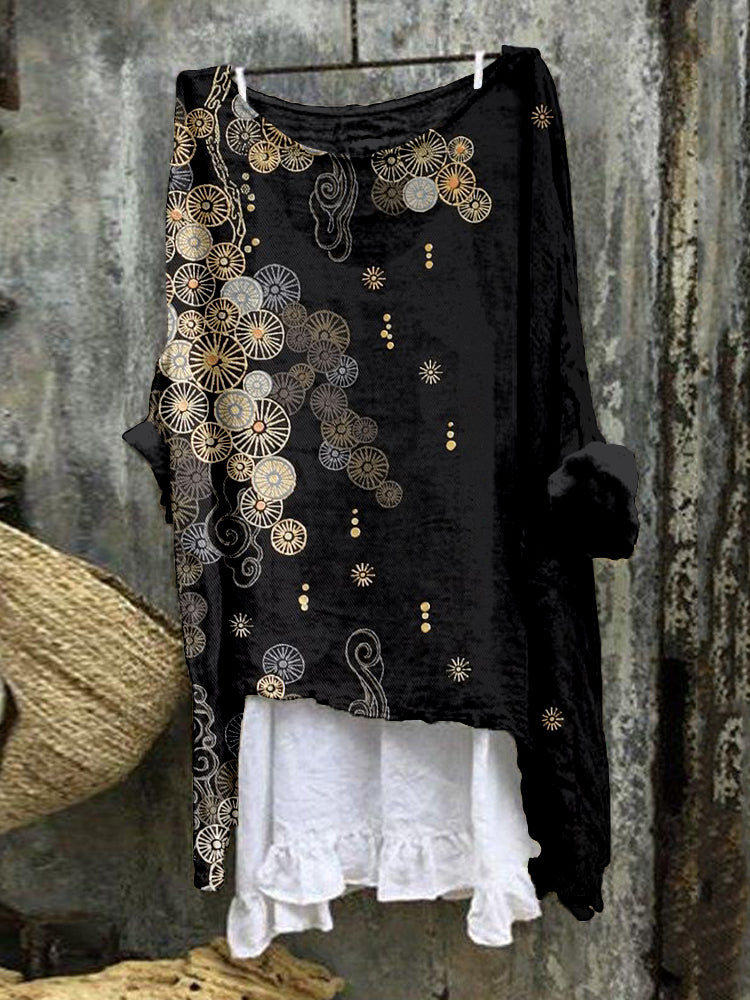 Comstylish Vintage Japanese Art Pattern Cozy Linen Tunic