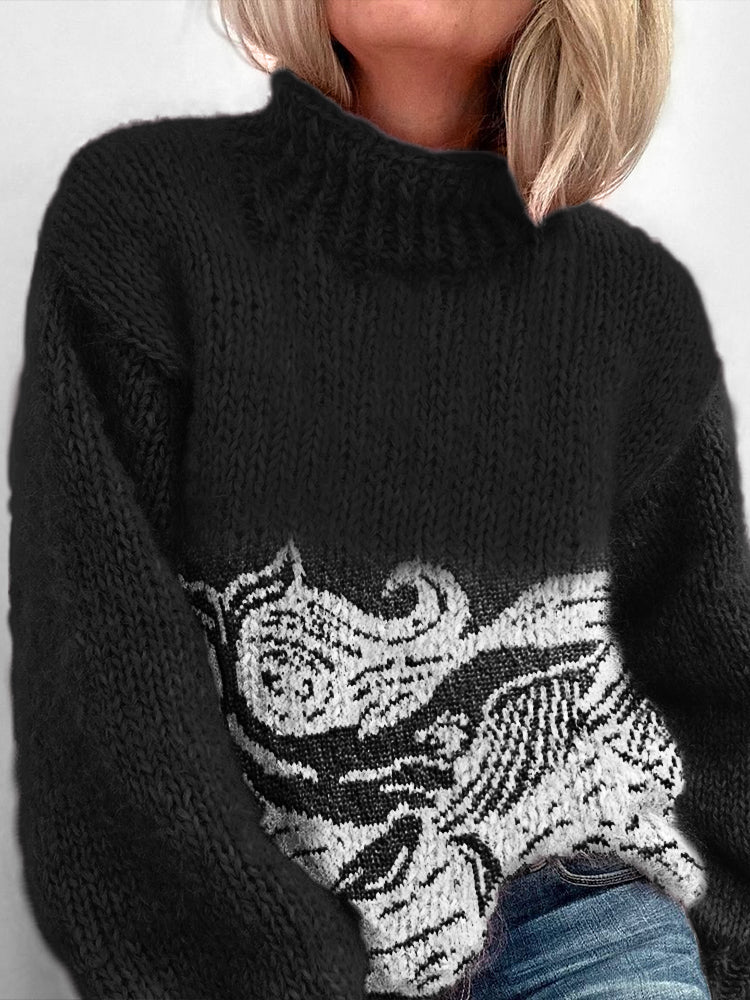 Comstylish Whale Sea Waves Lino Art Knit Cozy Turtleneck Sweater