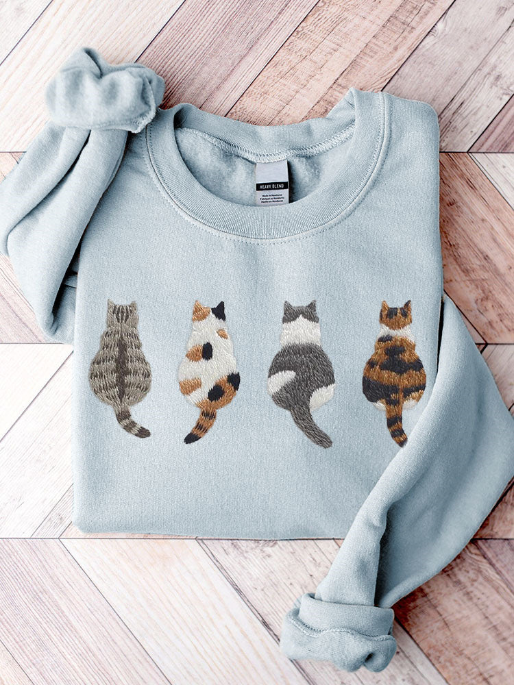 Comstylish Cute Cats Embroidery Pattern Casual Cozy Sweatshirt
