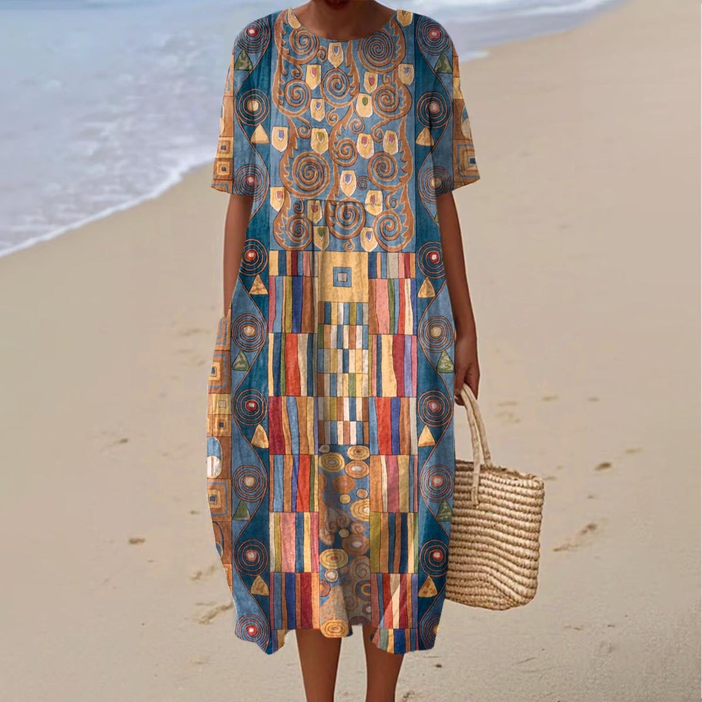 Women's Abstract Geometric Art Print Crew Neck Dress artswardrobe