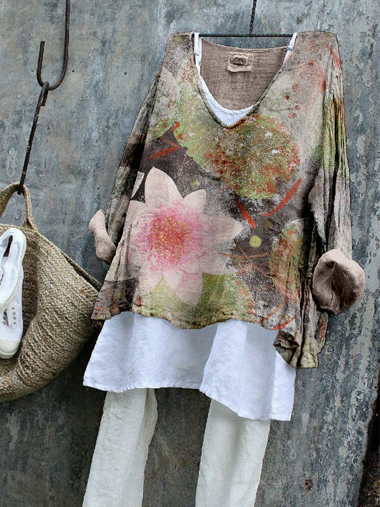 Comstylish Vintage Lotus Flower Art Linen Blend Flowy Tunic