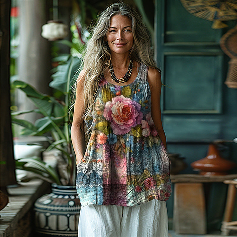 Women's Vintage Floral Pattern Cotton And Linen Vest artswardrobe