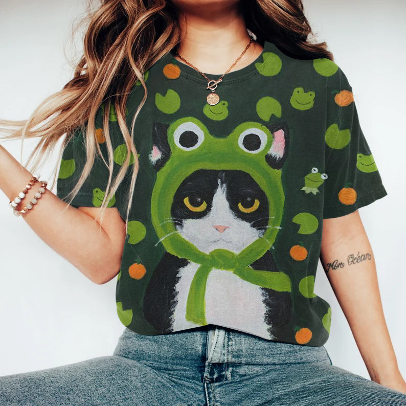 Cute Frog Cat Art Print Short Sleeve T-Shirt elevenforest