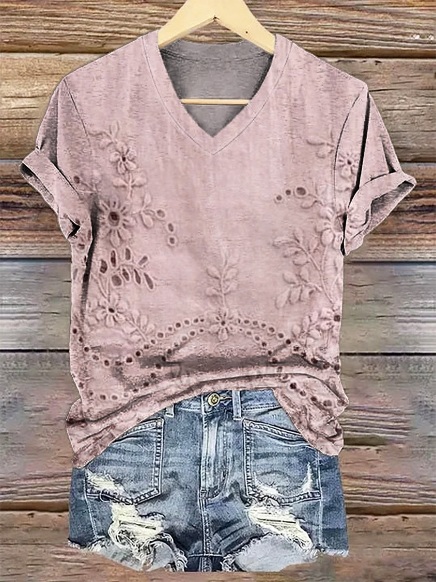 Women's Vintage Floral Texture Patterns Print V-neck Casual T-Shirt