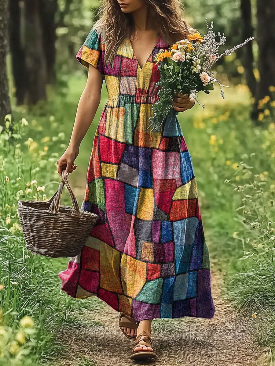 Women's Art Painting Color Block Fun Print V-Neck Short Sleeve Dress