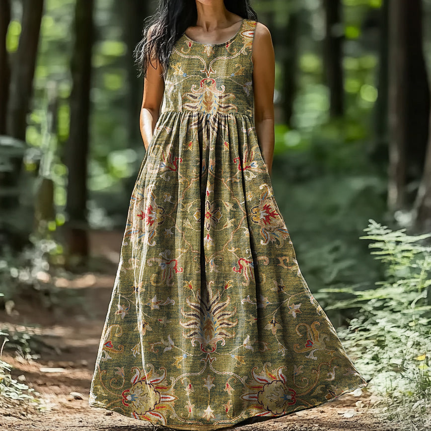 Women's Floral Embellished Pattern Art Print Round Neck Vest Dresses