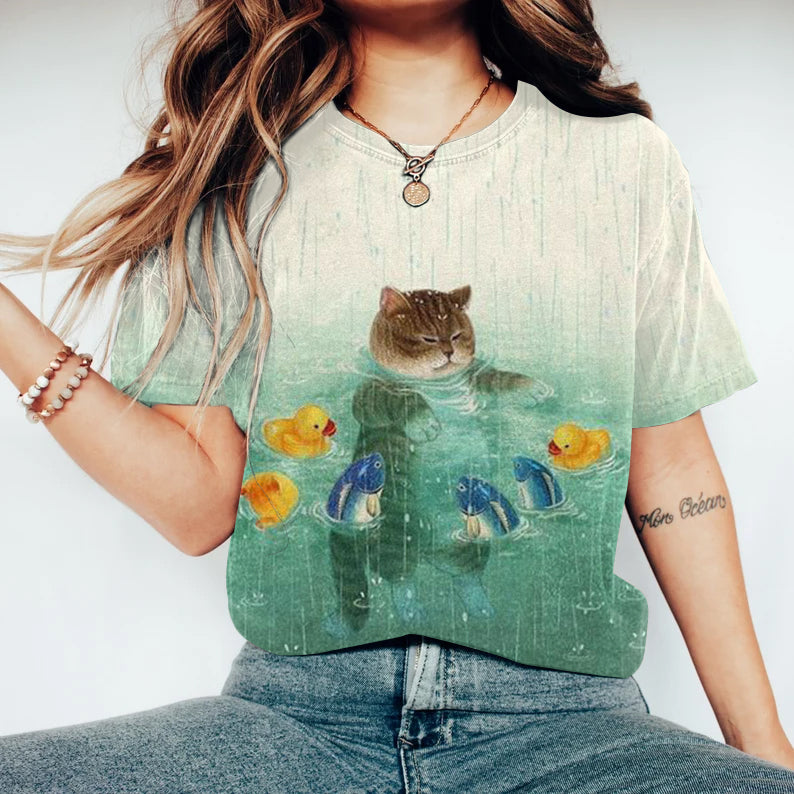 Comstylish Cute Cat Print Round Neck Casual T-Shirt