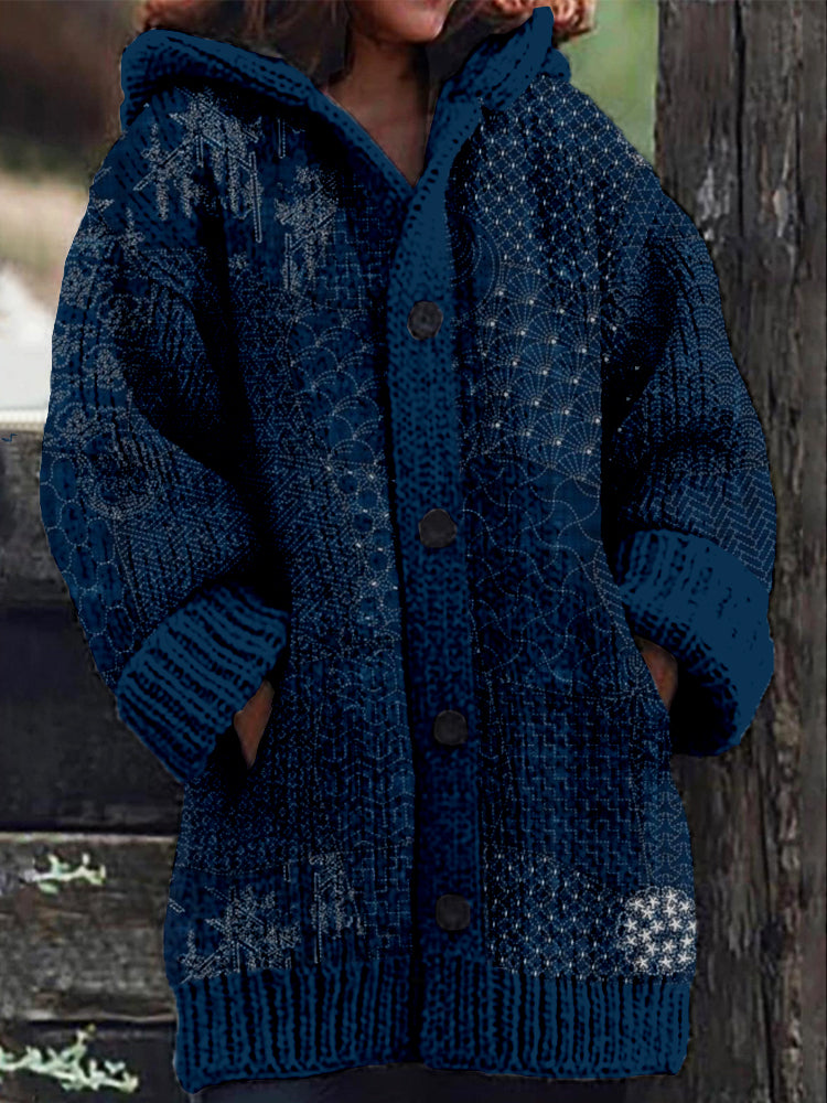 Comstylish Japanese Traditional Sashiko Art Cozy Hooded Cardigan