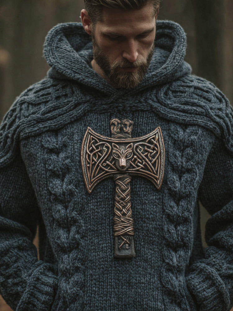 Men's Vintage Viking Thor's Hammer Pattern Long-sleeved Hooded Sweater artswardrobe