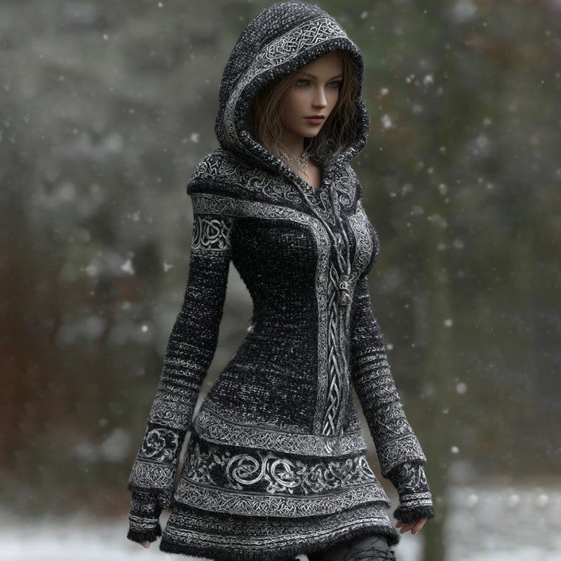 Vintage Viking Tribal Celtic Geometry Art Knit Cozy Hooded Dress artswardrobe