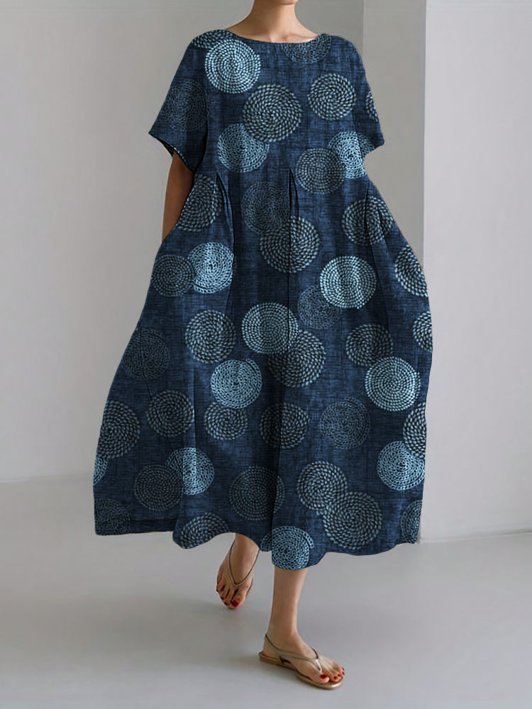 Comstylish Ripples Inspired Japanese Pattern Linen Blend Maxi Dress