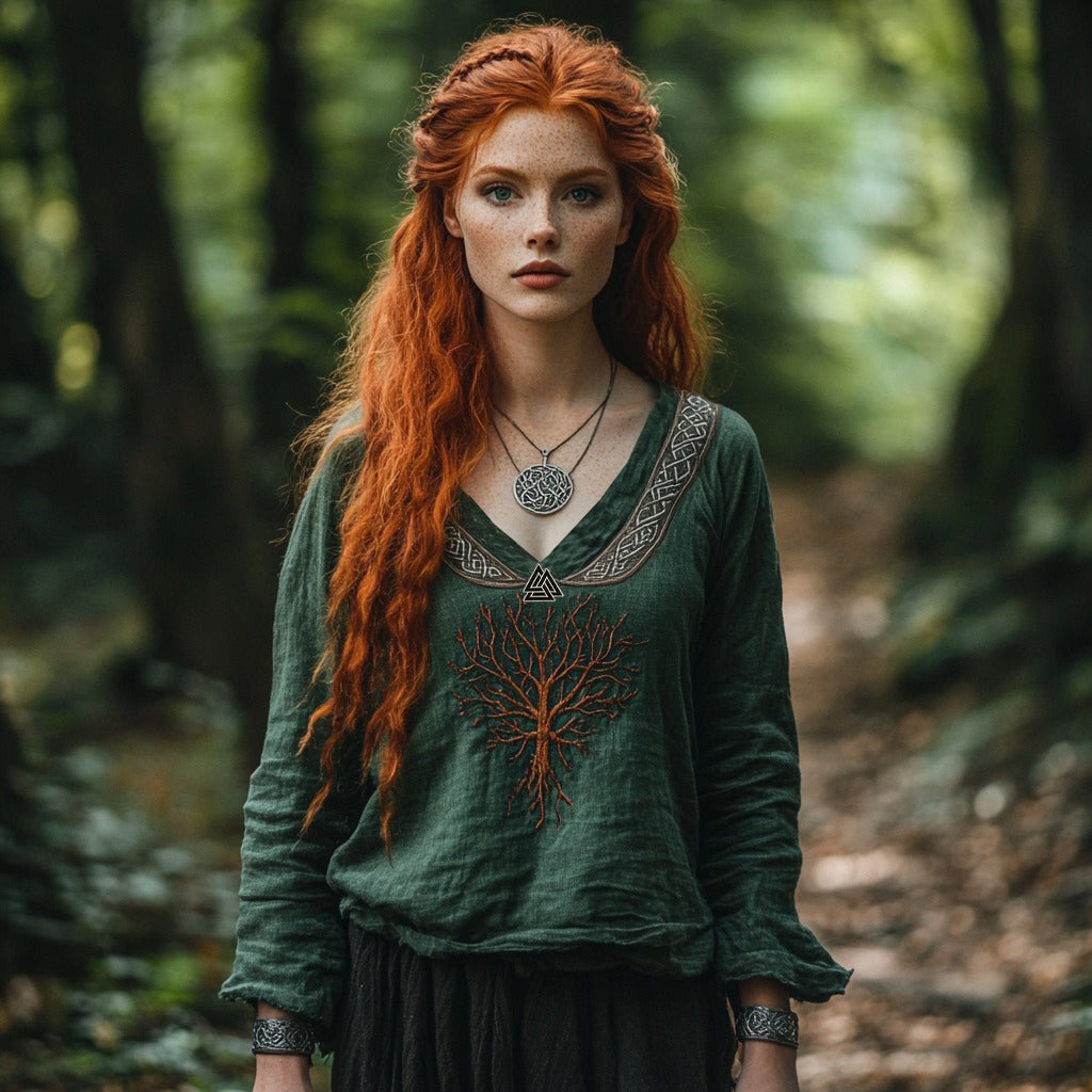 Tribal Viking Life Of Tree Inspired Cotton And Linen V-neck Loose Shirt artswardrobe