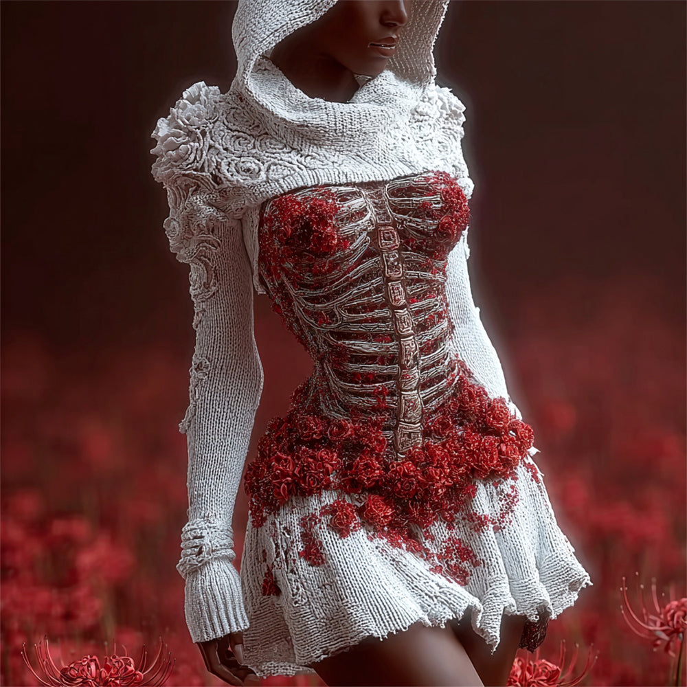 Halloween Skeleton & Floral Embroidered Women's Knit Hooded Mini Dress artswardrobe