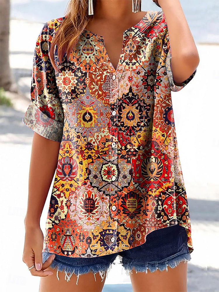 Women's Vintage Ethnic Floral Art Print Casual Cotton And Linen Shirt