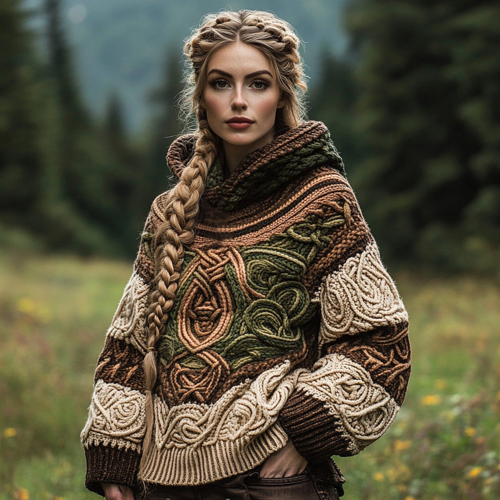 Women's Vintage Celtic Knot Jacquard Hooded Sweater artswardrobe