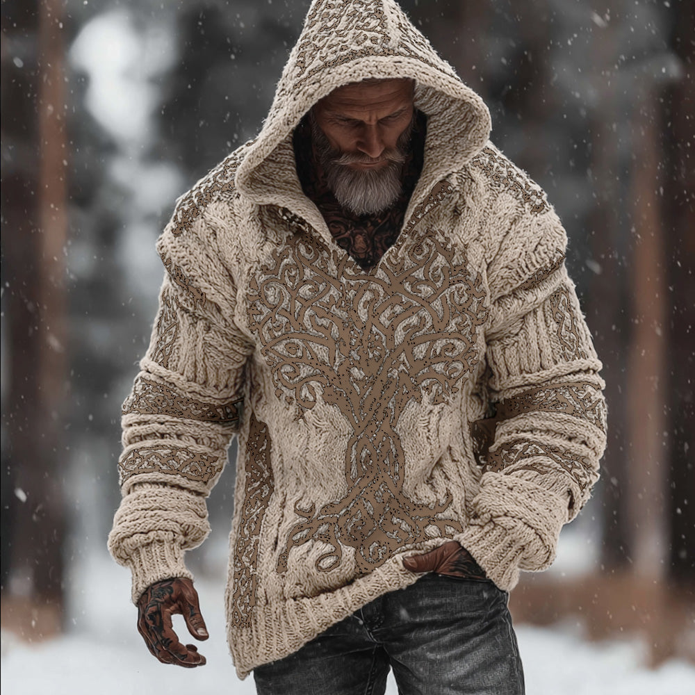 Men's Viking Style Flowering Tree Of Life Warm Thick Needle Hooded Sweater artswardrobe