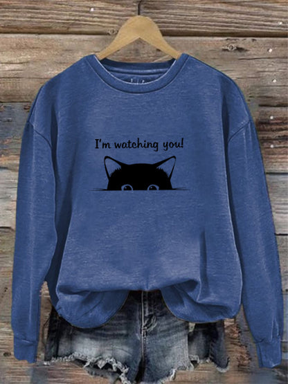 Comstylish I'm Watching You! Black Cat Print Sweatshirt