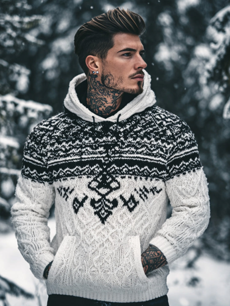 Men's Retro Viking Tribal Celtic Contrast Patchwork Chunky Hooded Sweater artswardrobe