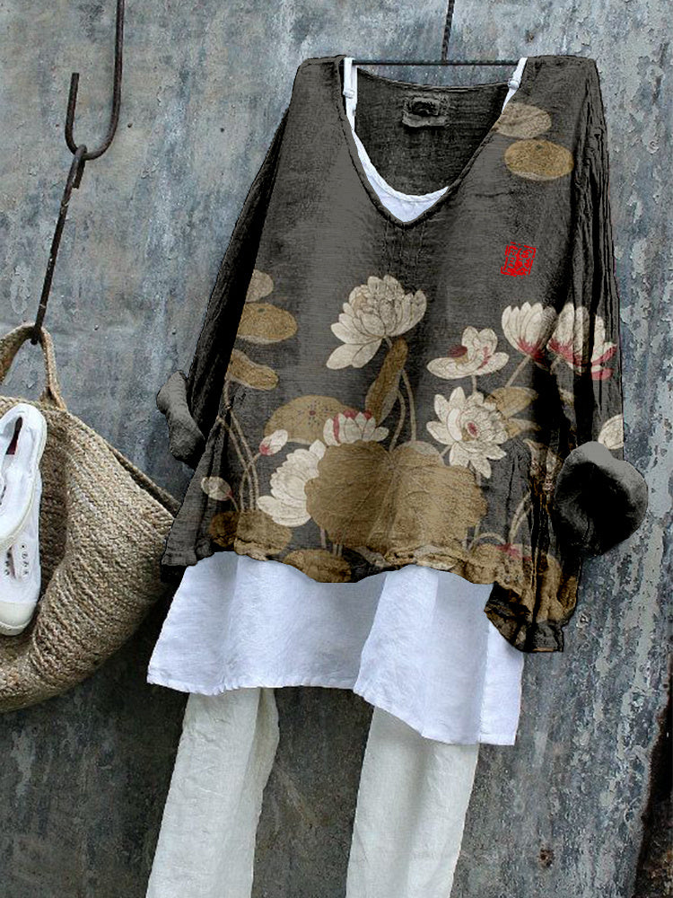 Comstylish Vintage Lotus Flower Art Linen Blend Flowy Tunic