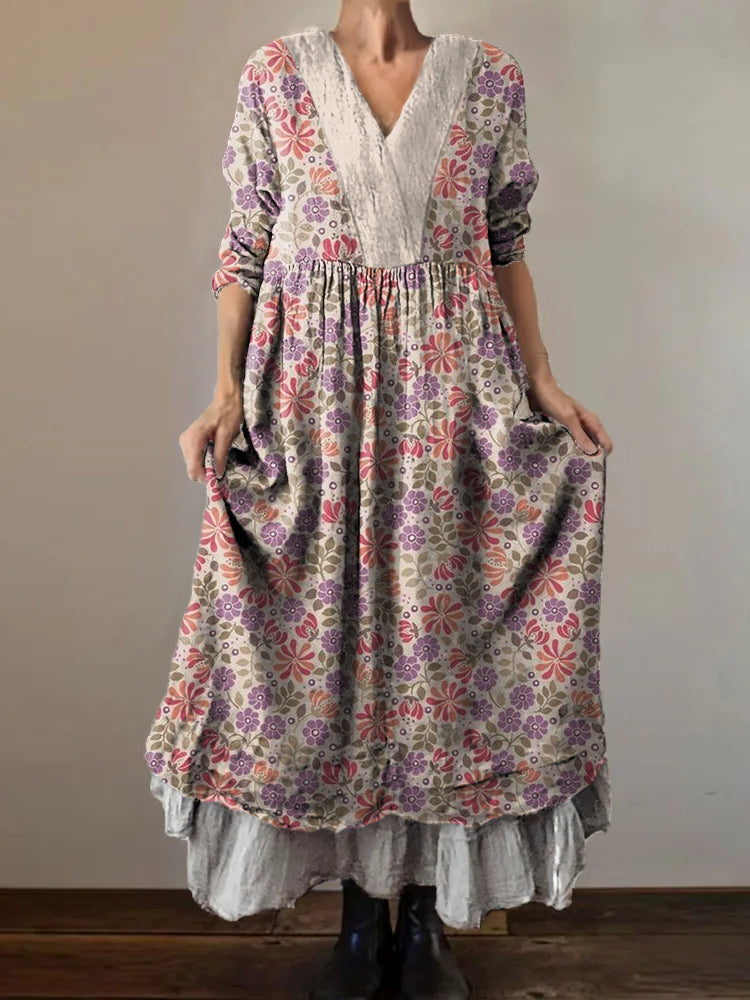 Women's Flower Art Print V-Neck Pocket Cotton Dress