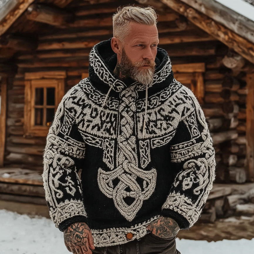 Men's Vintage Viking Celtic Pattern Art Knit Hooded Sweater artswardrobe