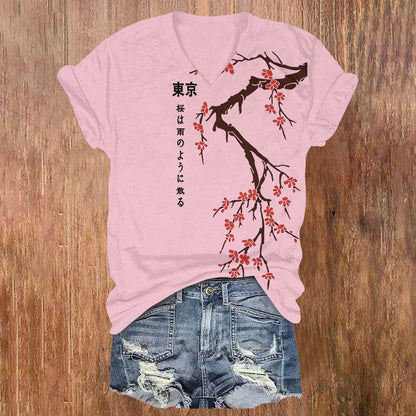 Comstylish Tokyo Japanese Cherry Blossoms Print V-Neck T-Shirt