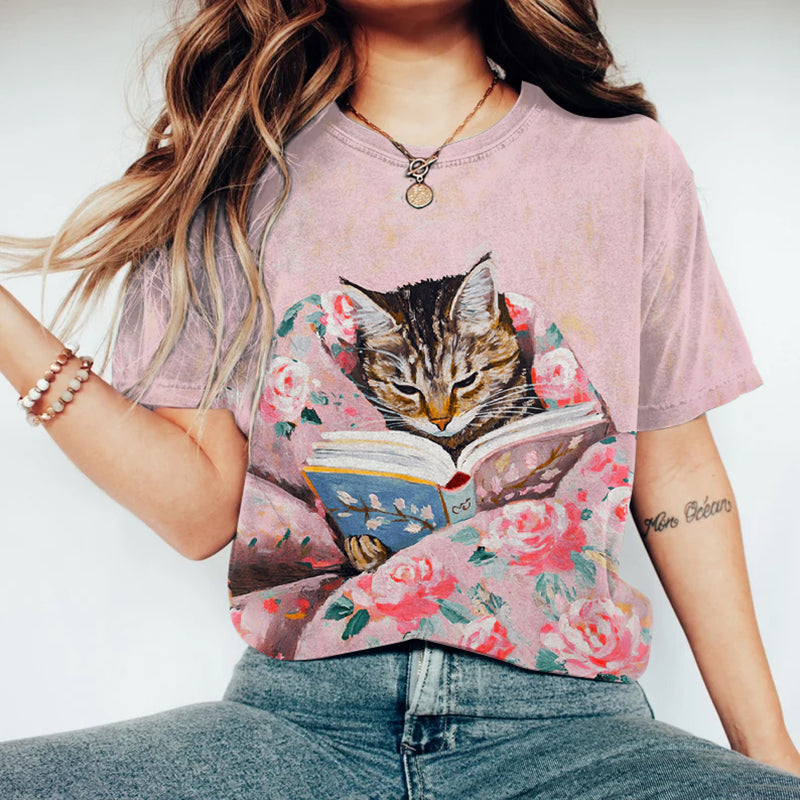 Comstylish Tabby Cat Book Lover Print Crew Neck T-shirt