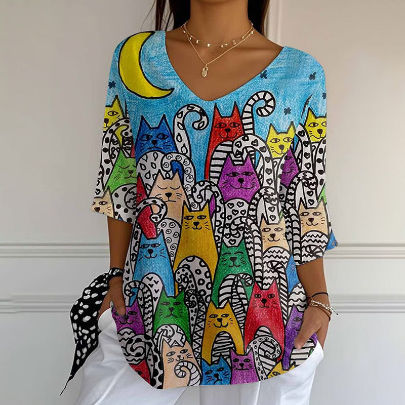 Comstylish Women's Retro Funny Animal Cat Print Mid Sleeve T-shirt