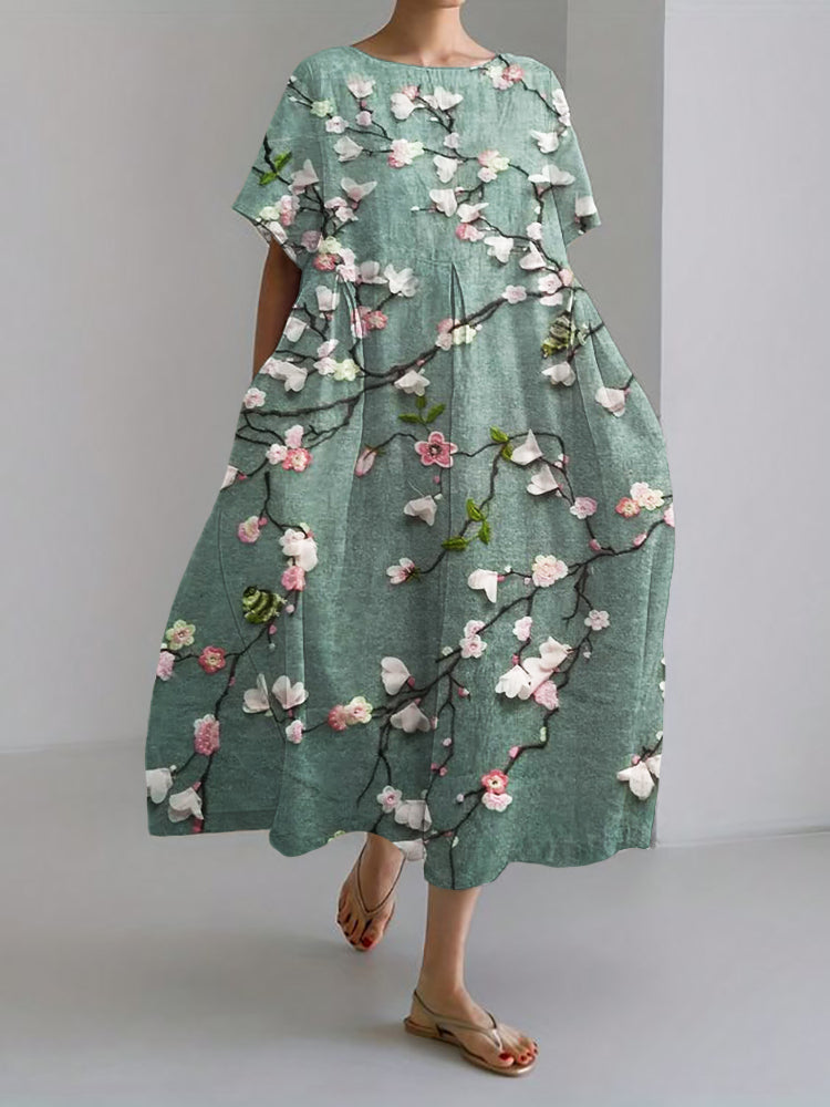 Comstylish 3D Floral Embroidered Lace Linen Blend Maxi Dress