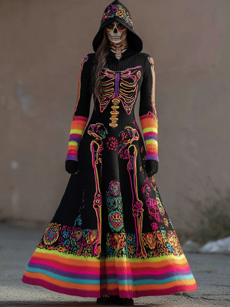 Day Of The Dead Neon Glowing Skeleton Hooded Sweater Dress artswardrobe