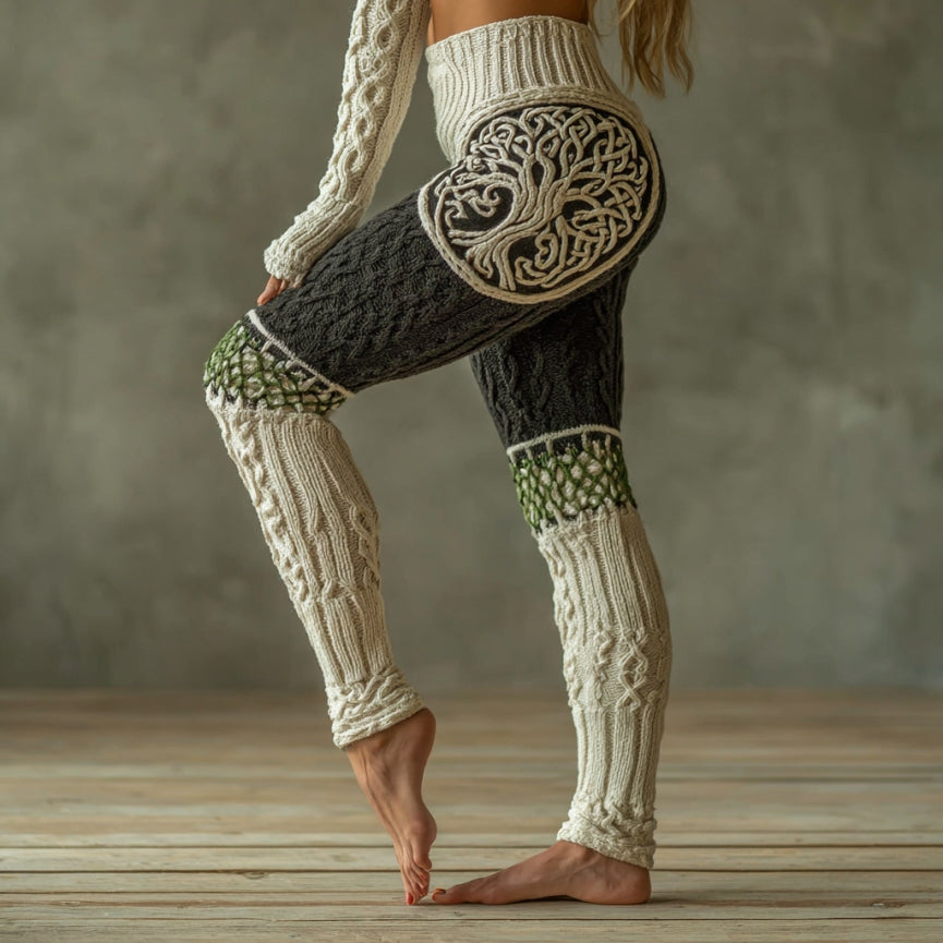Vintage Viking Tree Of Life Celtic Knot Art Knit Jacquard Cozy Leggings artswardrobe